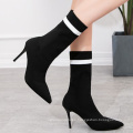 Good selling pointed toe 9 cm high heel black wine stretch knitted ladies new fashion mid-calf boots